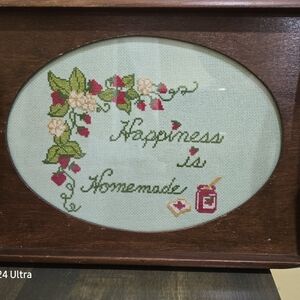 Wooden tray with needlepoint "Happiness is Homemade", glass covering nee…